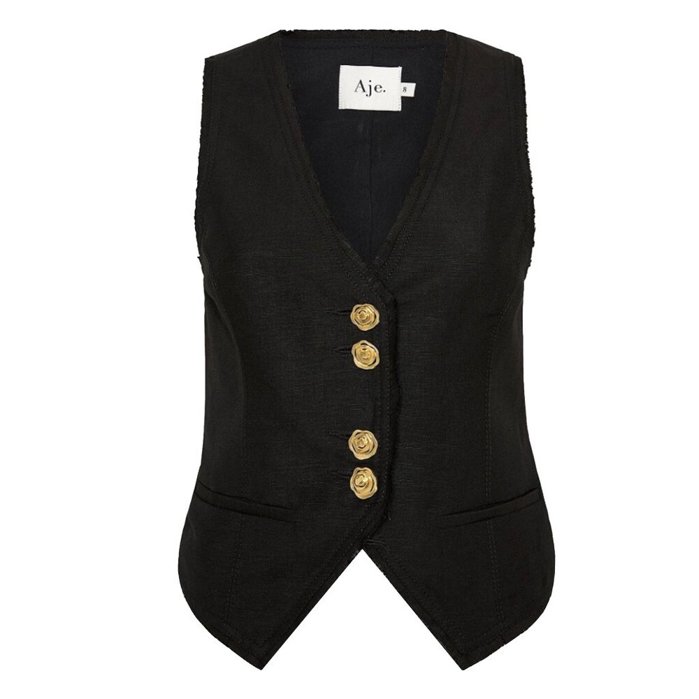 Aje. Sculpted Vest Top – Black with Gold Buttons – Excellent Condition